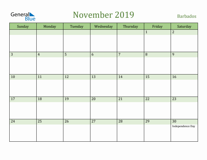 November 2019 Calendar with Barbados Holidays