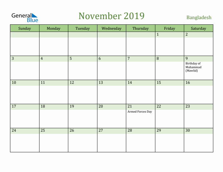 November 2019 Calendar with Bangladesh Holidays