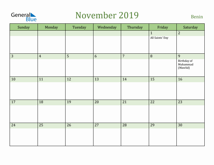 November 2019 Calendar with Benin Holidays