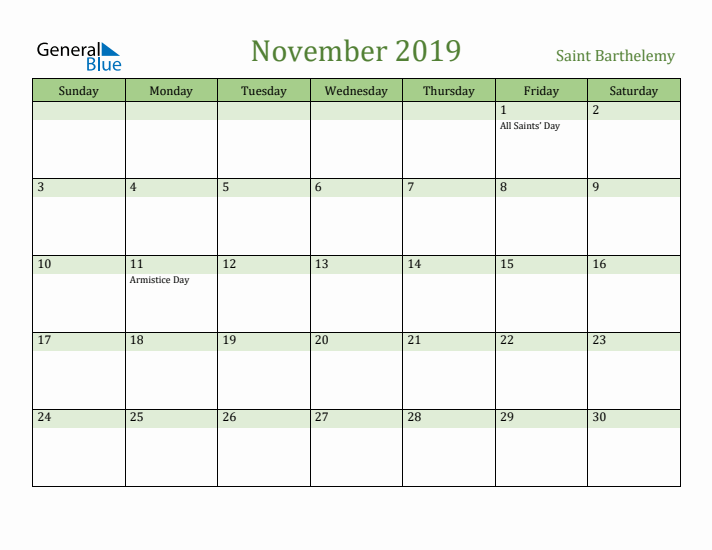 November 2019 Calendar with Saint Barthelemy Holidays