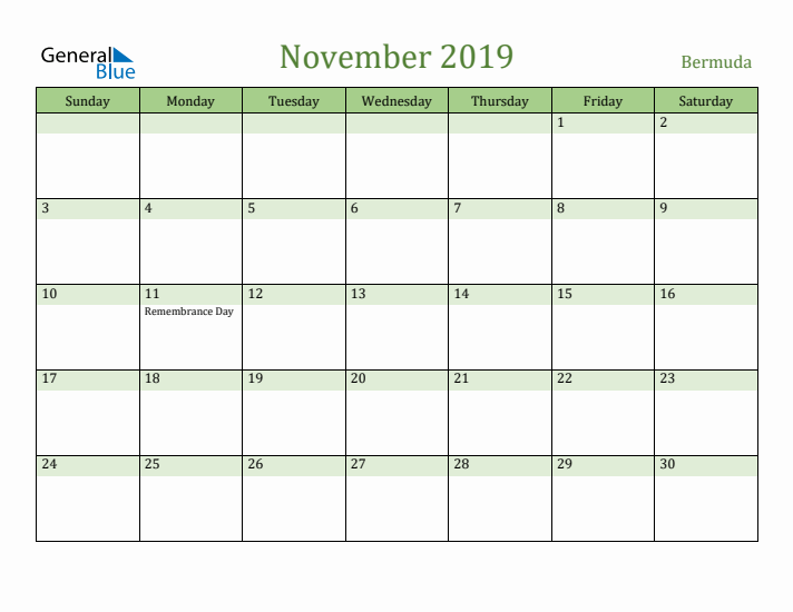 November 2019 Calendar with Bermuda Holidays