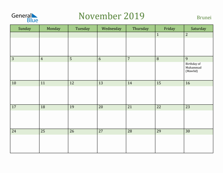 November 2019 Calendar with Brunei Holidays