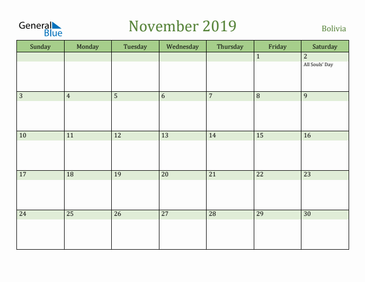 November 2019 Calendar with Bolivia Holidays
