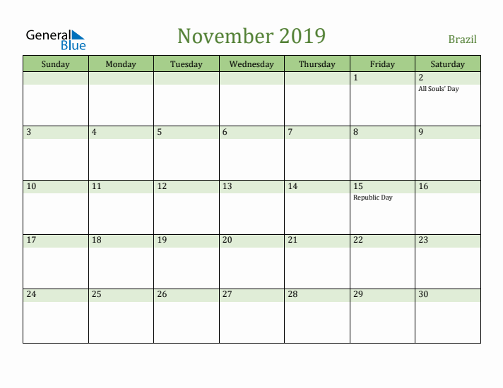 November 2019 Calendar with Brazil Holidays
