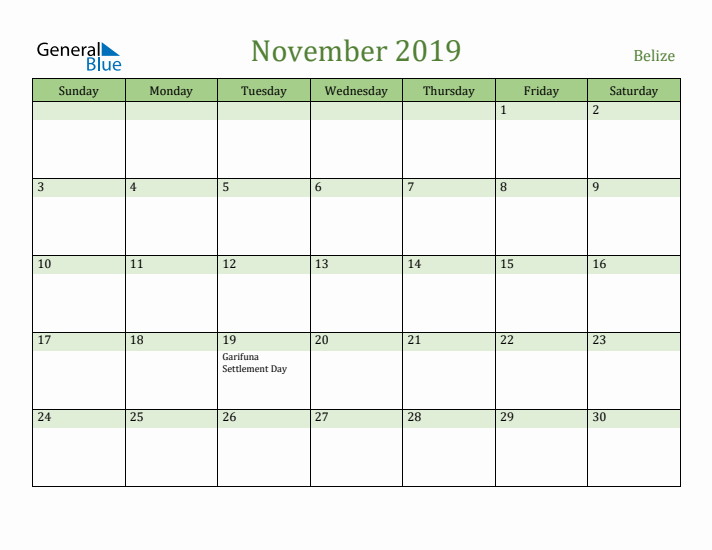 November 2019 Calendar with Belize Holidays