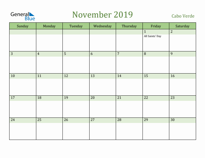 November 2019 Calendar with Cabo Verde Holidays