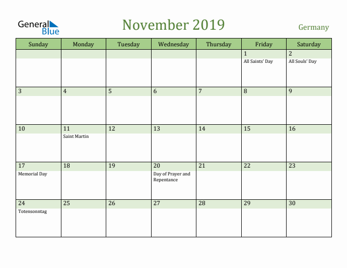 November 2019 Calendar with Germany Holidays