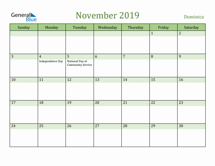 November 2019 Calendar with Dominica Holidays