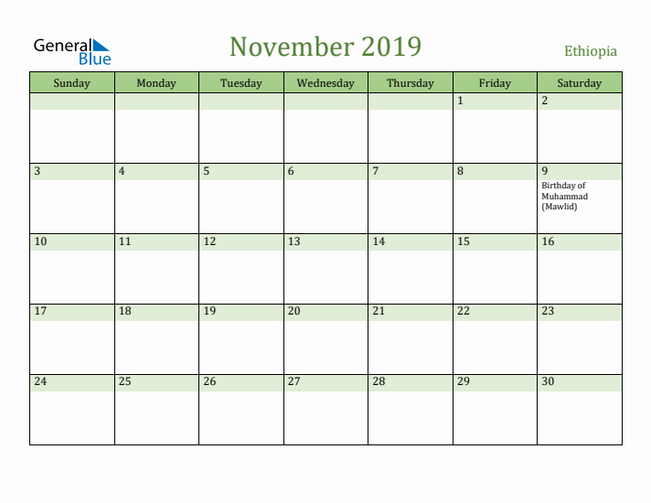 November 2019 Calendar with Ethiopia Holidays