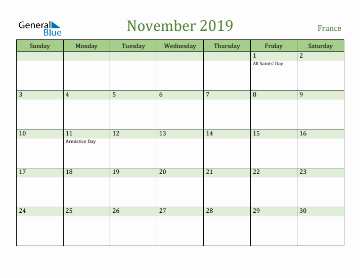 November 2019 Calendar with France Holidays