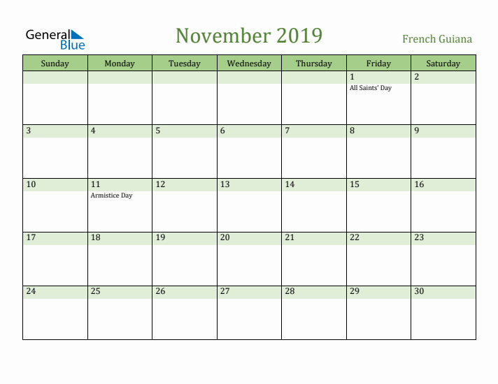 November 2019 Calendar with French Guiana Holidays