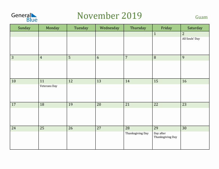 November 2019 Calendar with Guam Holidays