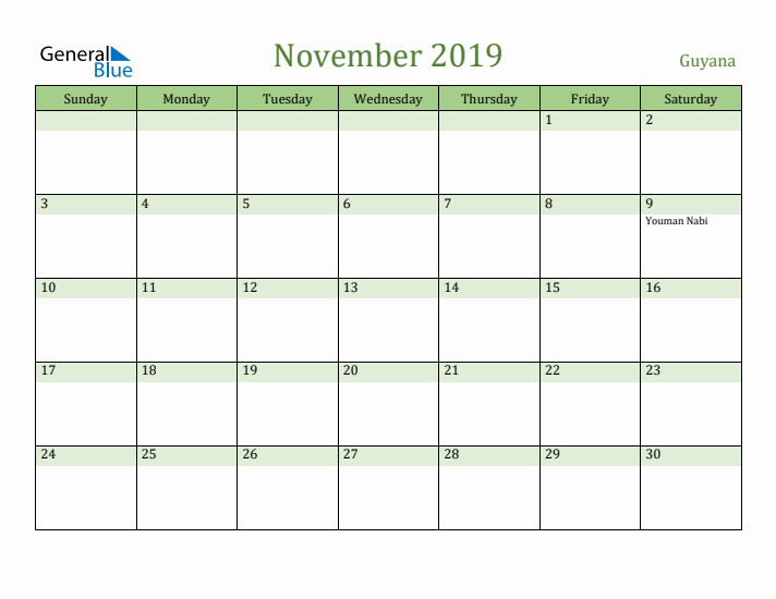 November 2019 Calendar with Guyana Holidays
