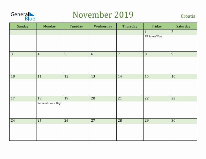 November 2019 Calendar with Croatia Holidays