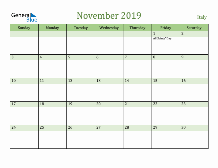 November 2019 Calendar with Italy Holidays