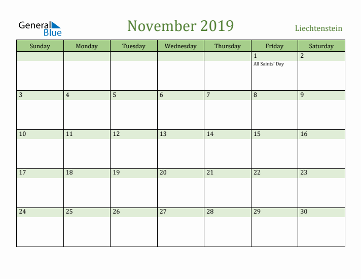 November 2019 Calendar with Liechtenstein Holidays