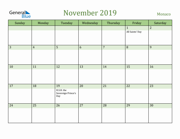 November 2019 Calendar with Monaco Holidays