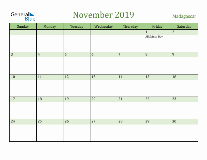 November 2019 Calendar with Madagascar Holidays