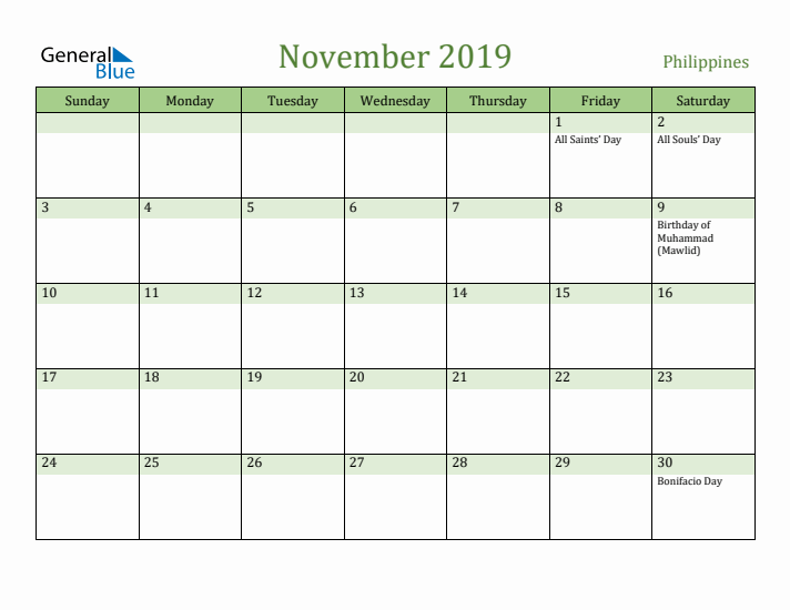 November 2019 Calendar with Philippines Holidays