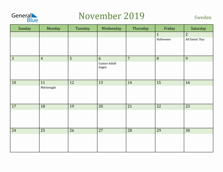 November 2019 Calendar with Sweden Holidays