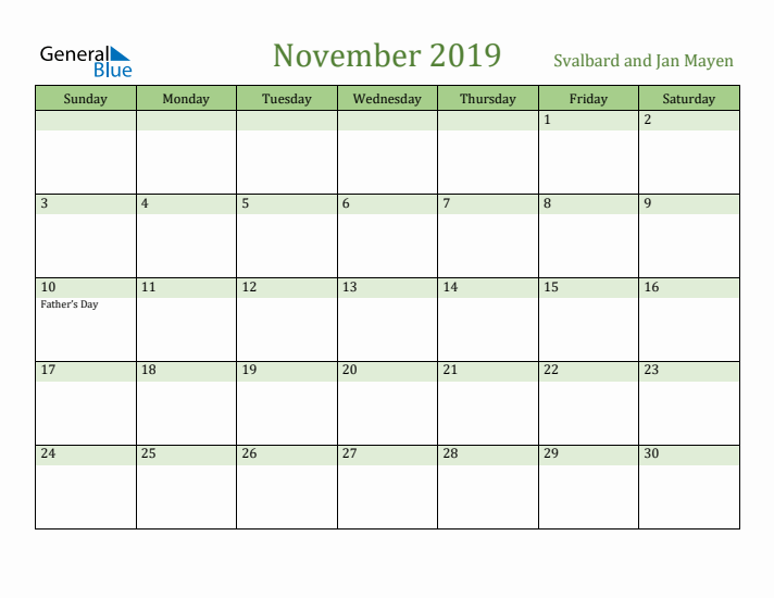 November 2019 Calendar with Svalbard and Jan Mayen Holidays