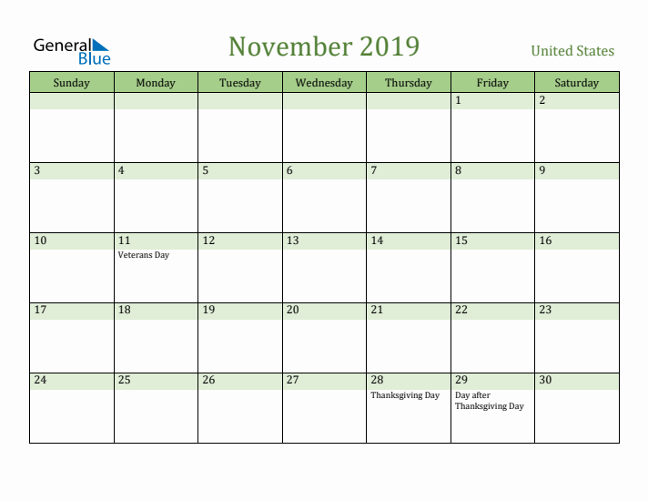 November 2019 Calendar with United States Holidays