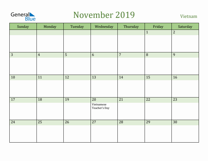 November 2019 Calendar with Vietnam Holidays