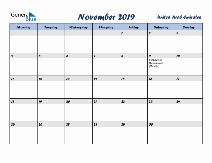 November 2019 Calendar with Holidays in United Arab Emirates