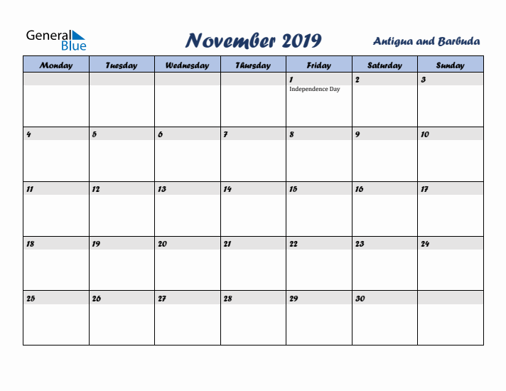 November 2019 Calendar with Holidays in Antigua and Barbuda