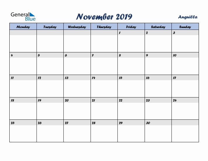 November 2019 Calendar with Holidays in Anguilla
