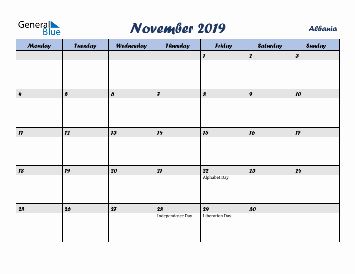 November 2019 Calendar with Holidays in Albania
