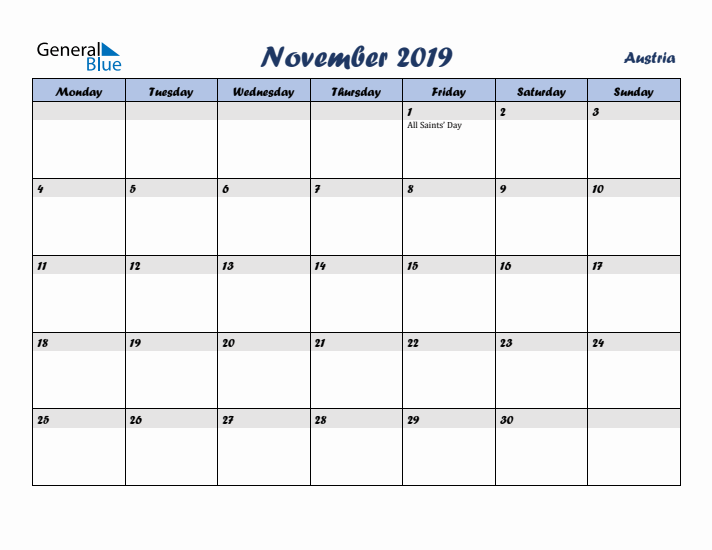 November 2019 Calendar with Holidays in Austria
