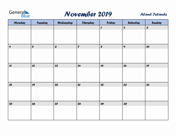 November 2019 Calendar with Holidays in Aland Islands