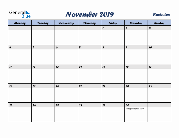 November 2019 Calendar with Holidays in Barbados