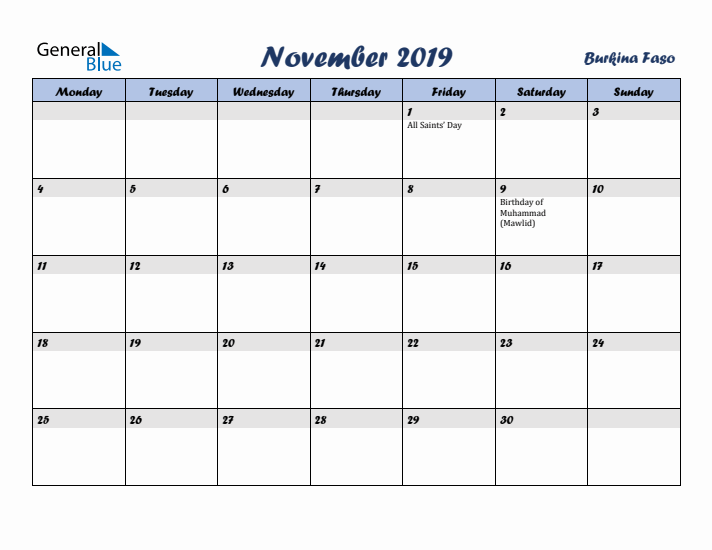 November 2019 Calendar with Holidays in Burkina Faso