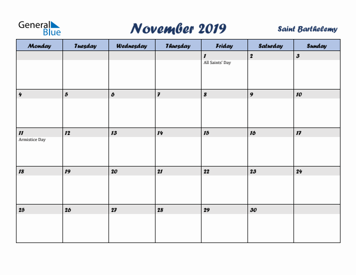 November 2019 Calendar with Holidays in Saint Barthelemy