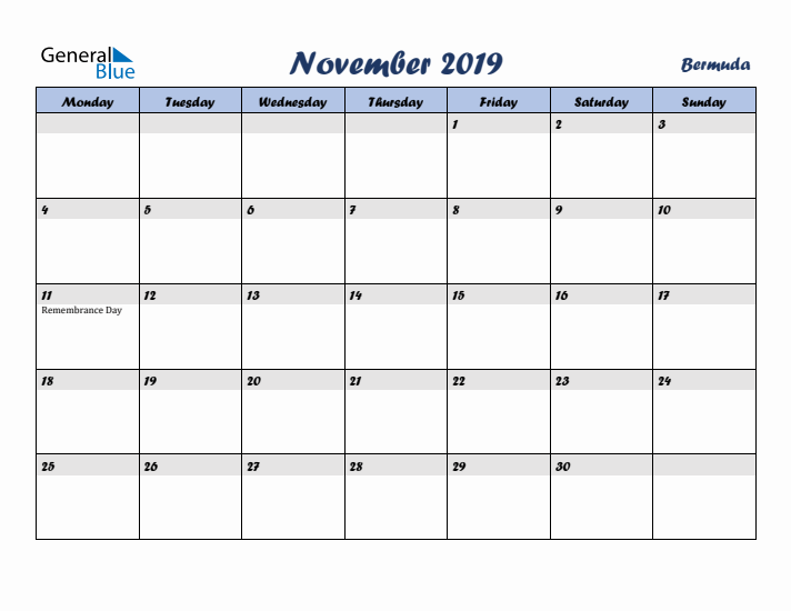 November 2019 Calendar with Holidays in Bermuda