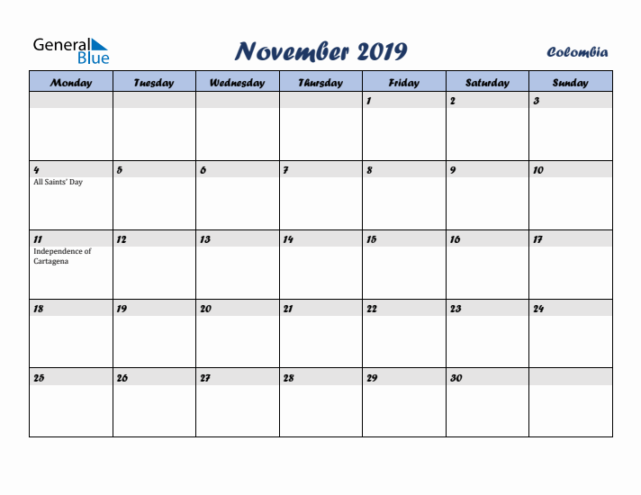 November 2019 Calendar with Holidays in Colombia