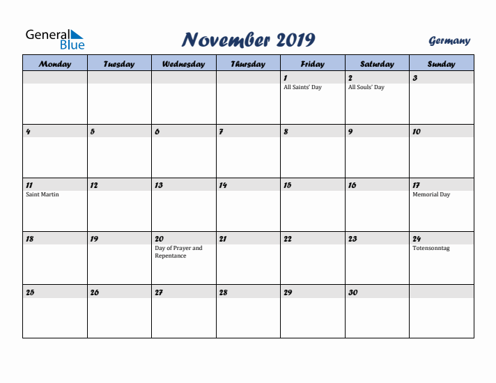 November 2019 Calendar with Holidays in Germany