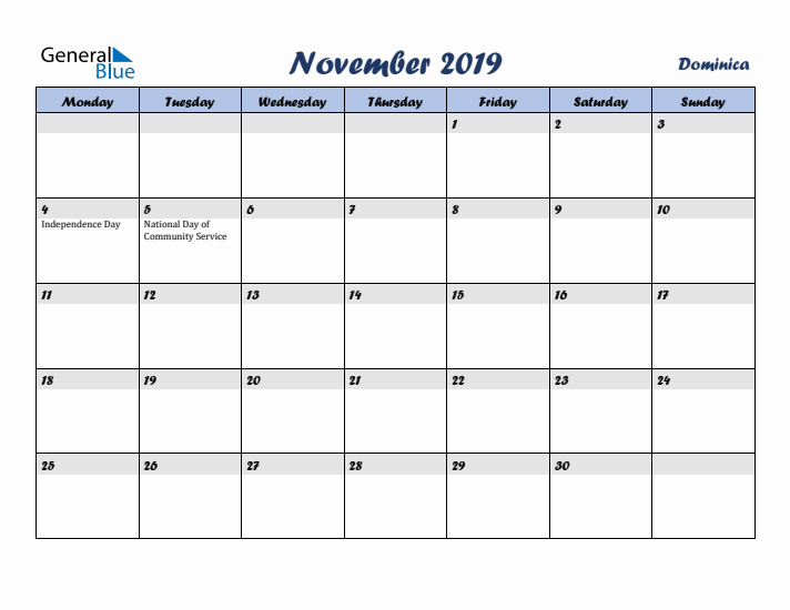 November 2019 Calendar with Holidays in Dominica