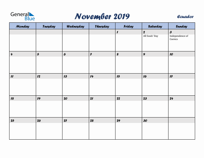 November 2019 Calendar with Holidays in Ecuador