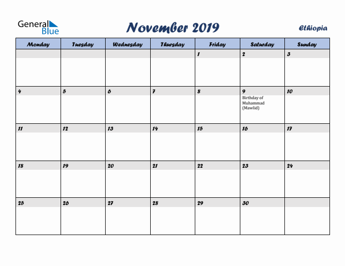November 2019 Calendar with Holidays in Ethiopia