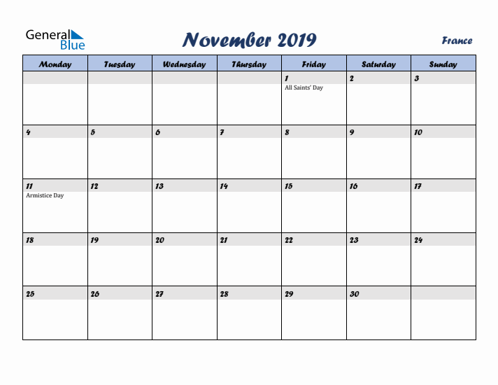 November 2019 Calendar with Holidays in France