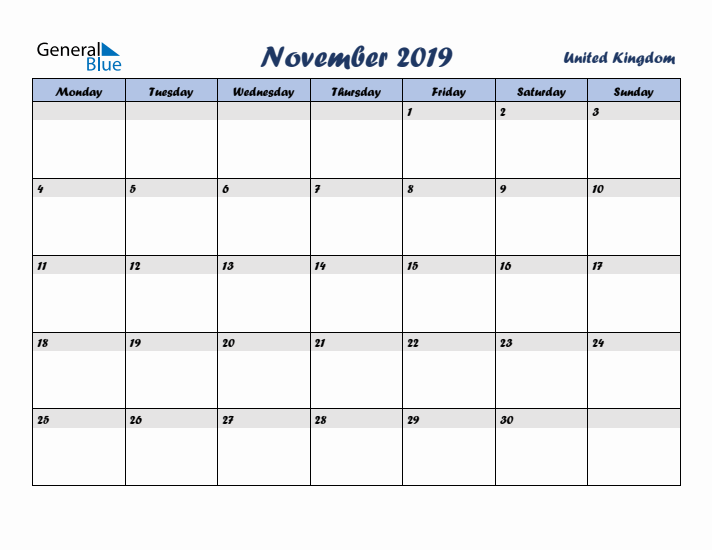 November 2019 Calendar with Holidays in United Kingdom