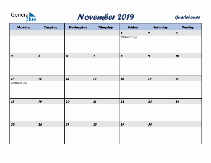 November 2019 Calendar with Holidays in Guadeloupe