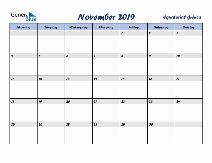 November 2019 Calendar with Holidays in Equatorial Guinea