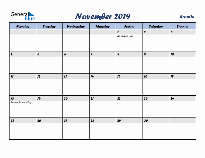November 2019 Calendar with Holidays in Croatia
