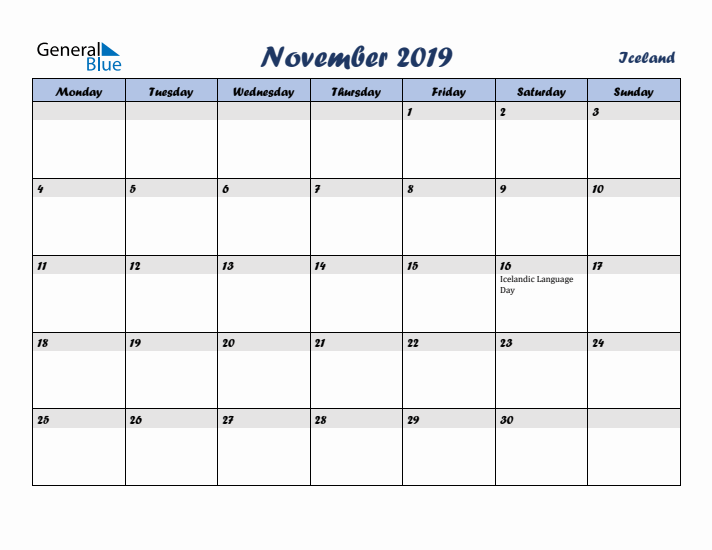 November 2019 Calendar with Holidays in Iceland