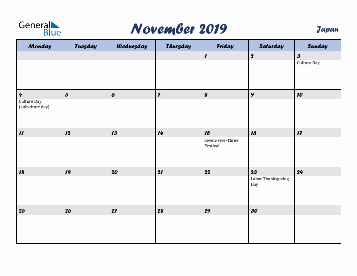 November 2019 Calendar with Holidays in Japan