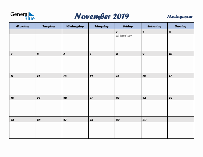 November 2019 Calendar with Holidays in Madagascar